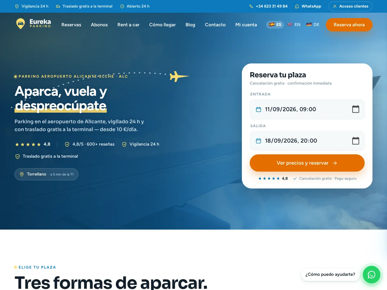 Portada real de Eureka Parking con selector de fechas de entrada y salida