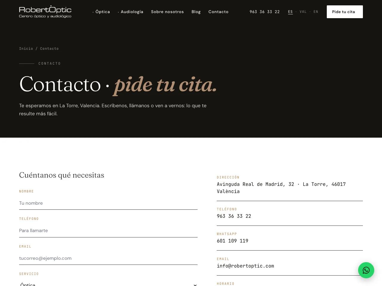 Página de contacto de RobertÒptic con formulario para pedir una cita