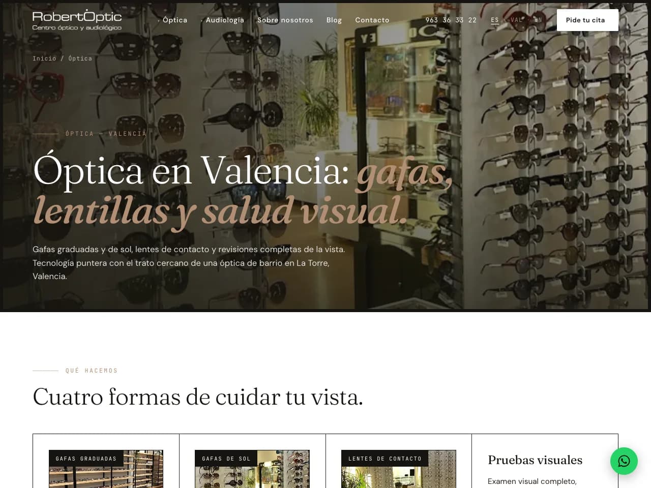 Página de óptica de RobertÒptic con sus servicios de salud visual